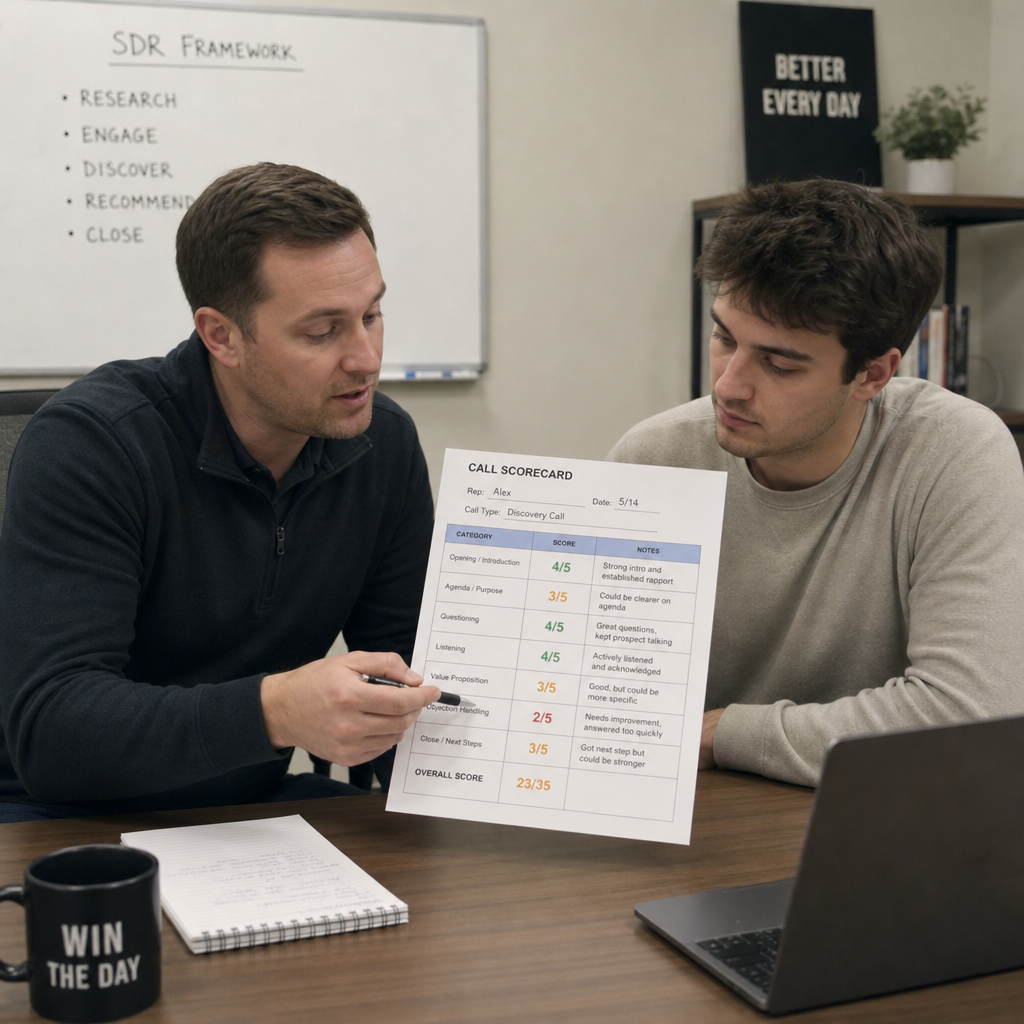 Manager coaching an SDR using a call scorecard
