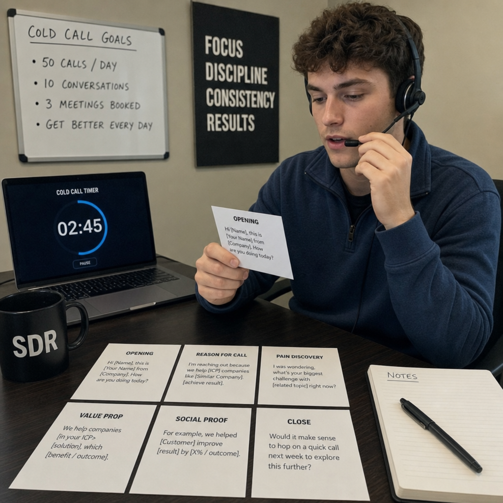 SDR practicing cold calls with timer and talk-track cards