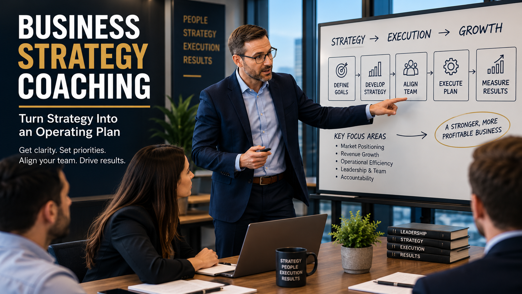 Business strategy coach helping company leaders turn growth goals into a clear operating plan with priorities and accountability