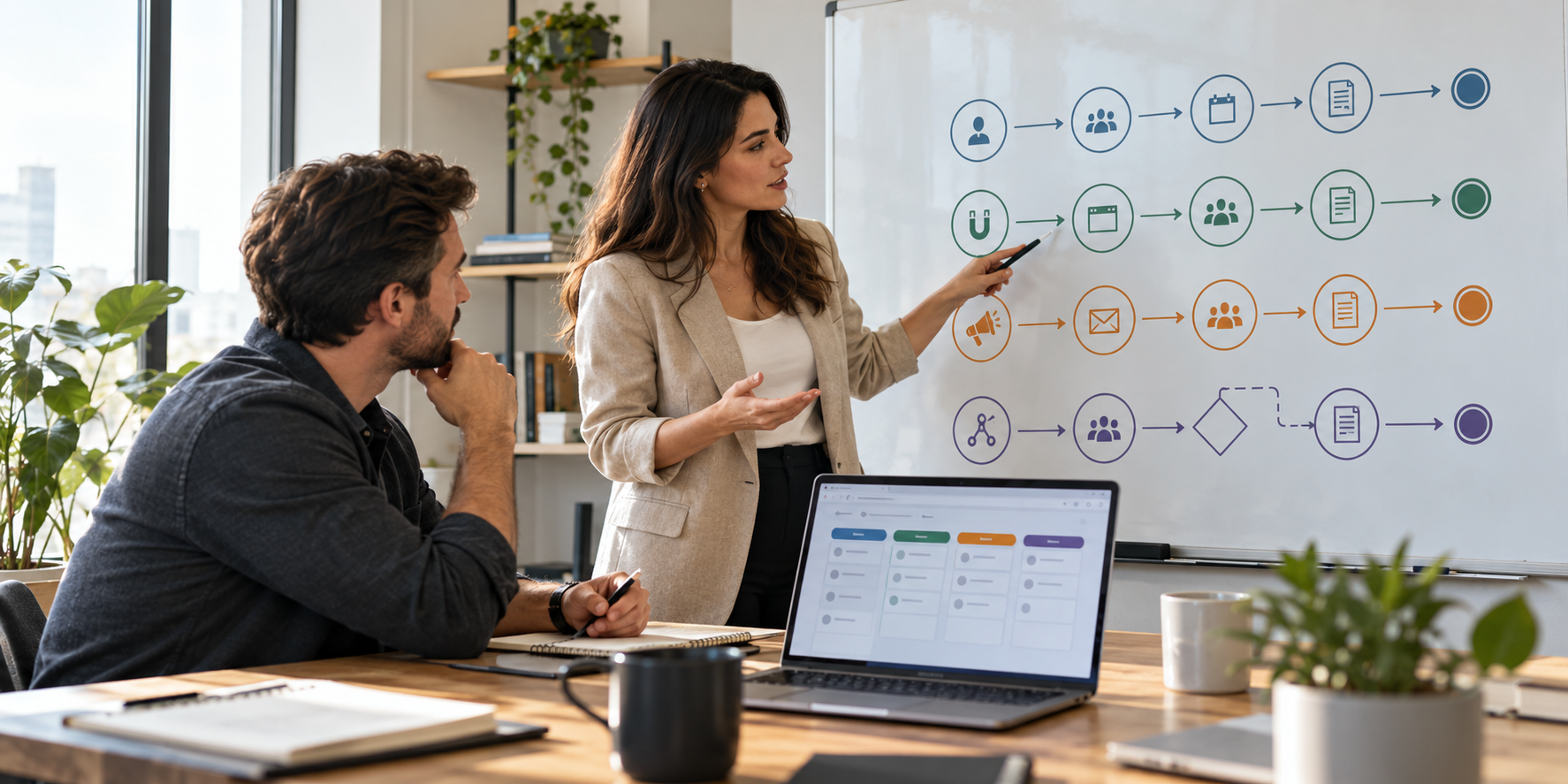 B2B sales team comparing self-service, inbound, outbound, partner, and hybrid sales models on a planning board