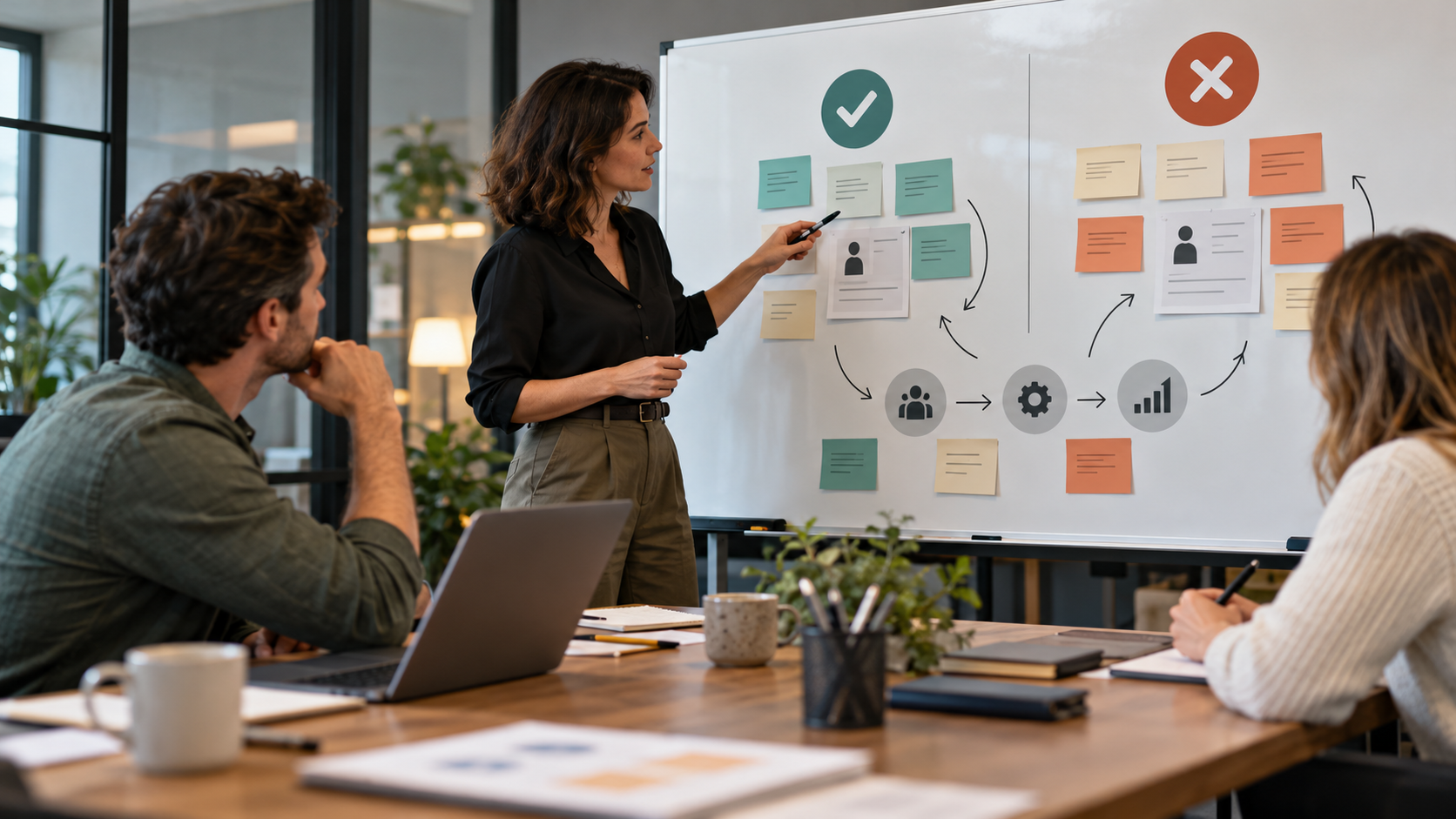 Small sales team reviewing won and lost deals during a win-loss analysis meeting
