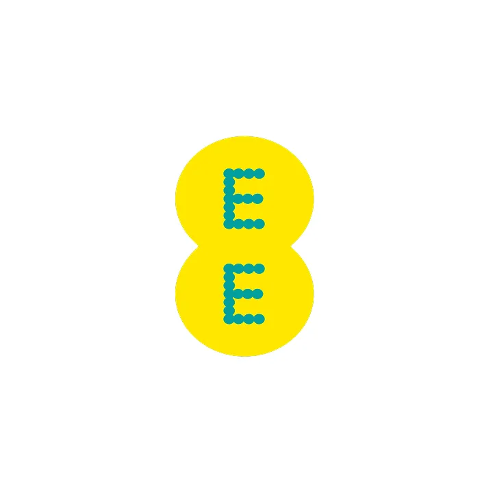 Yellow figure eight shape with two teal letter Es made of dots inside each circle.