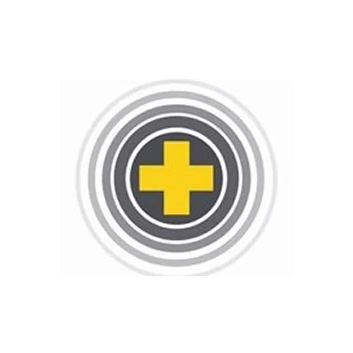 Yellow medical cross symbol centered inside concentric grey circles on a white background.