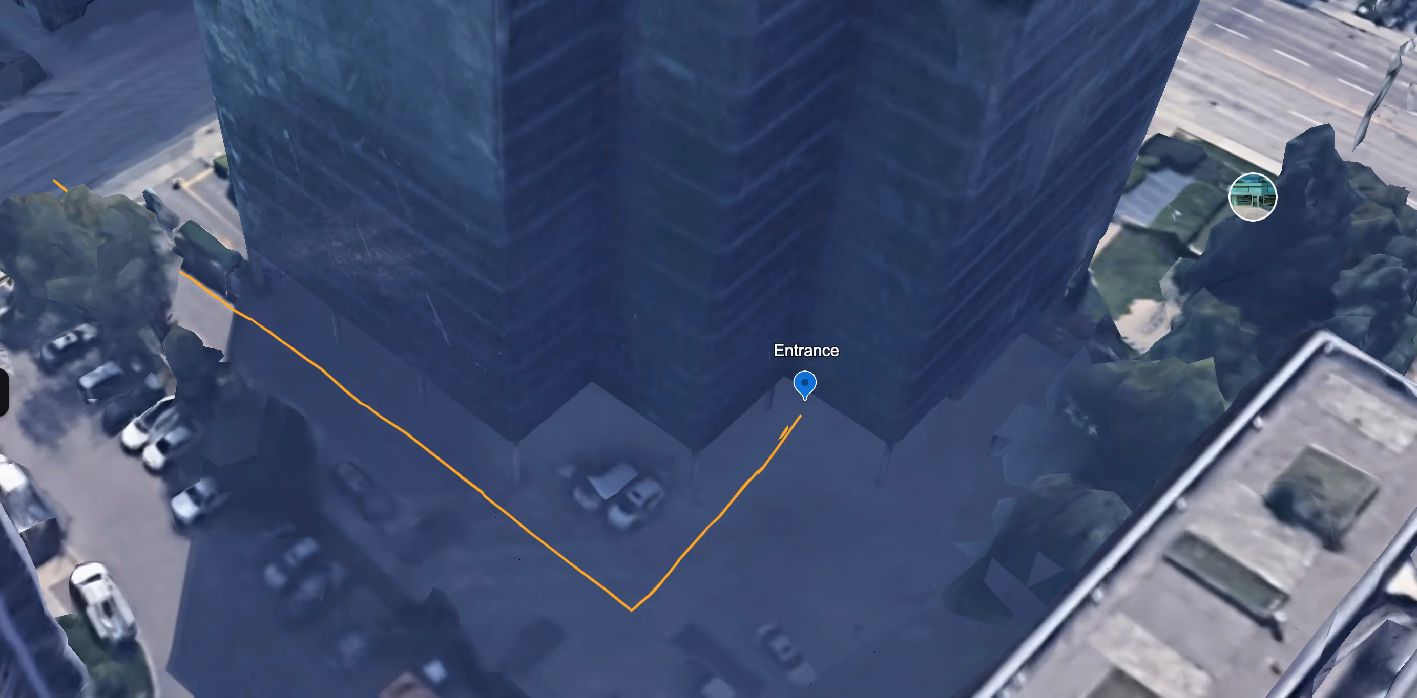 Helicopter view with highlighted line showing where the entrance is to the Russian Ballet School in Toronto