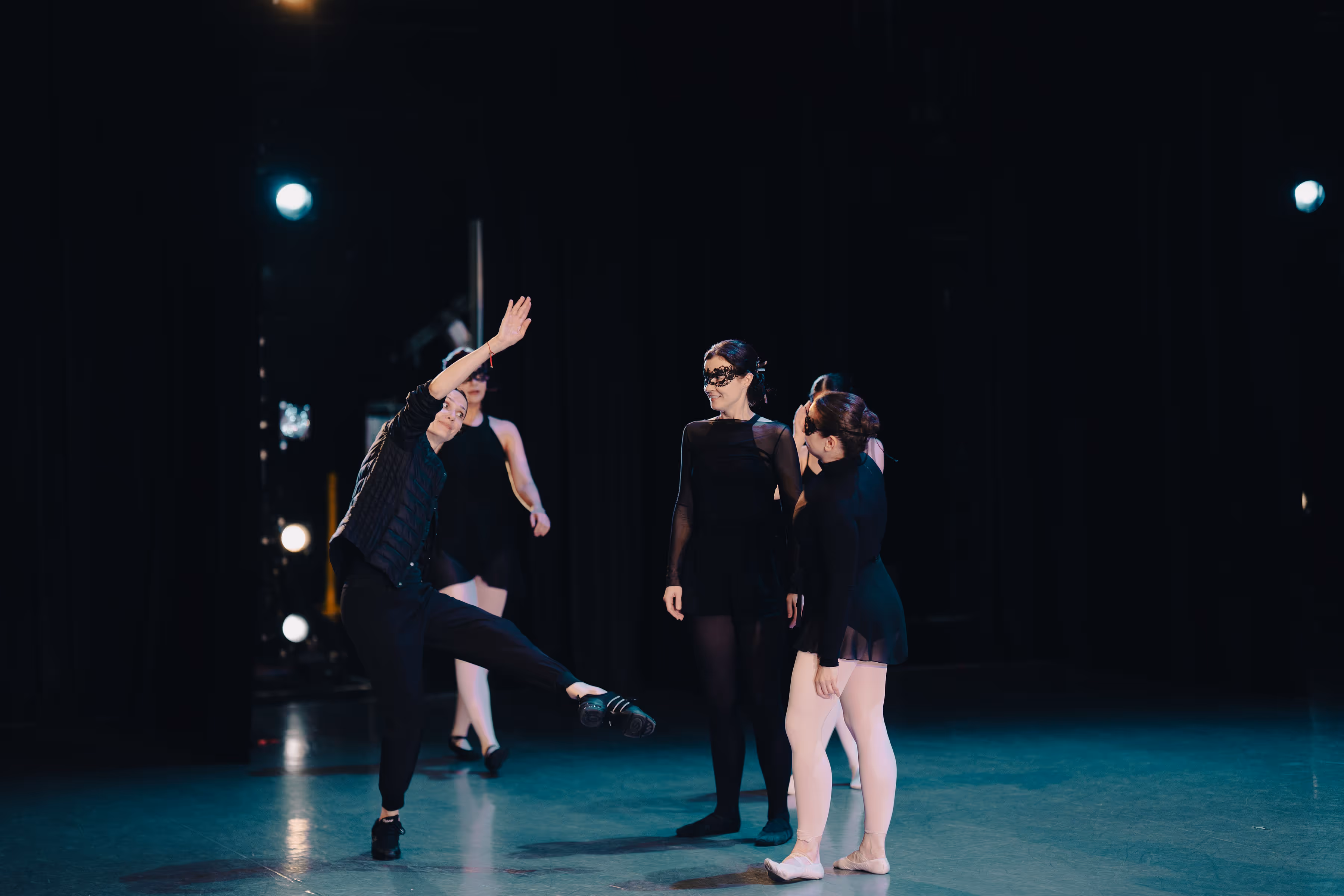 Behind-the-scenes moment with adult ballet students and instructor preparing for The Russian Ballet School showcase at Betty Oliphant Theatre in Toronto
