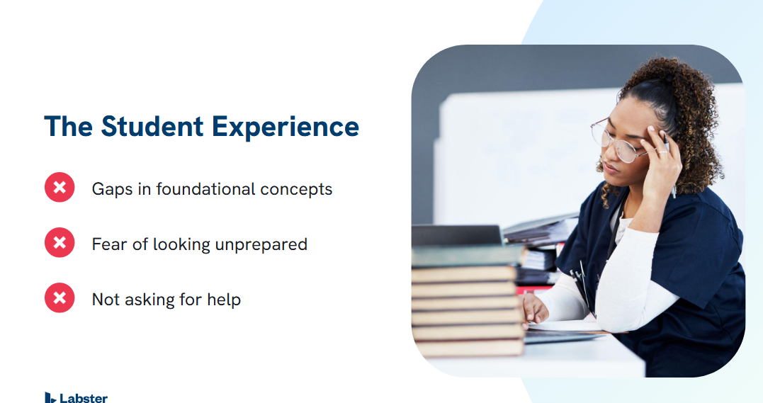 Student expereince: gaps in foundational concepts, fear of looking unprepared, not asking for help