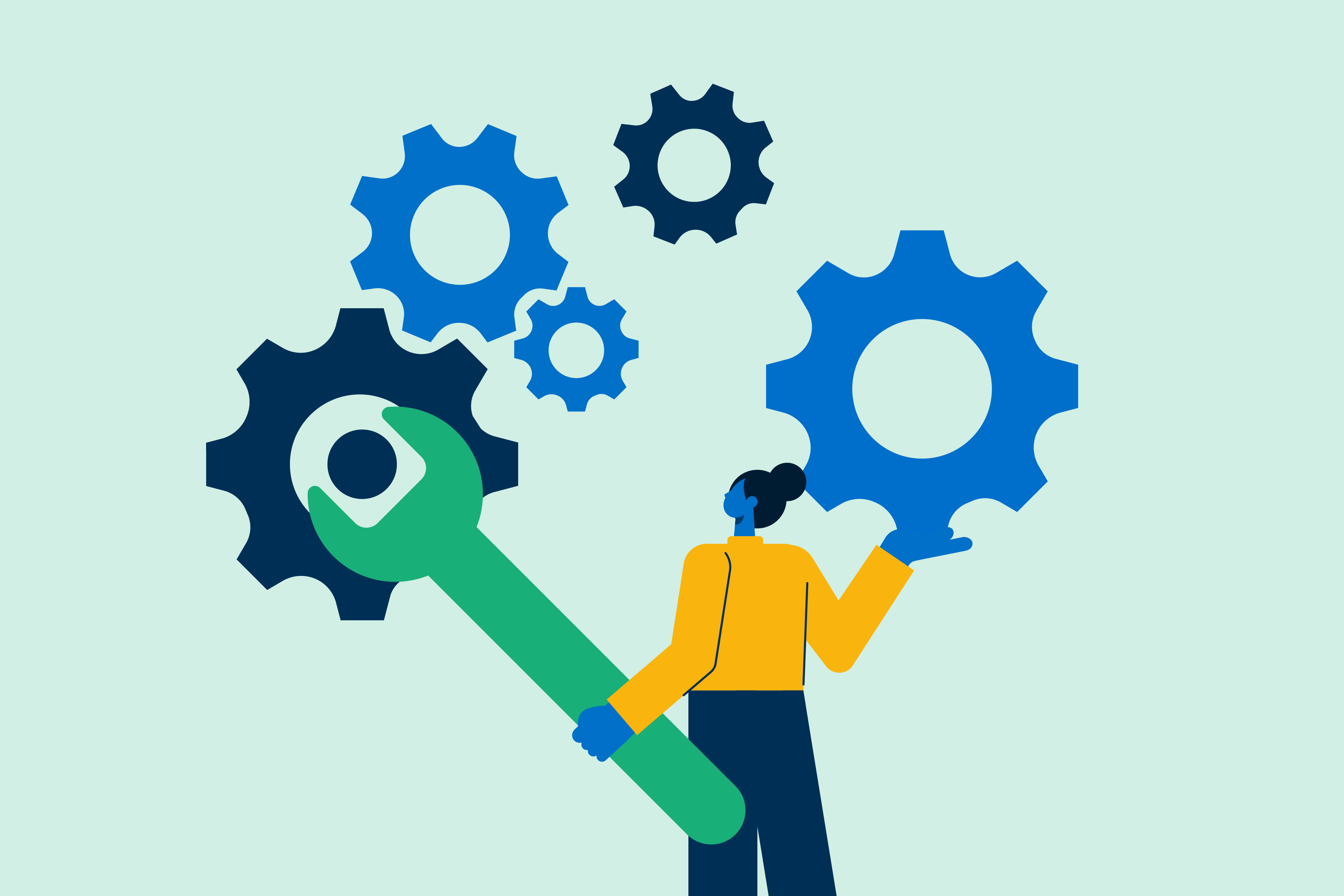 Illustration of character with large wrench and five gears