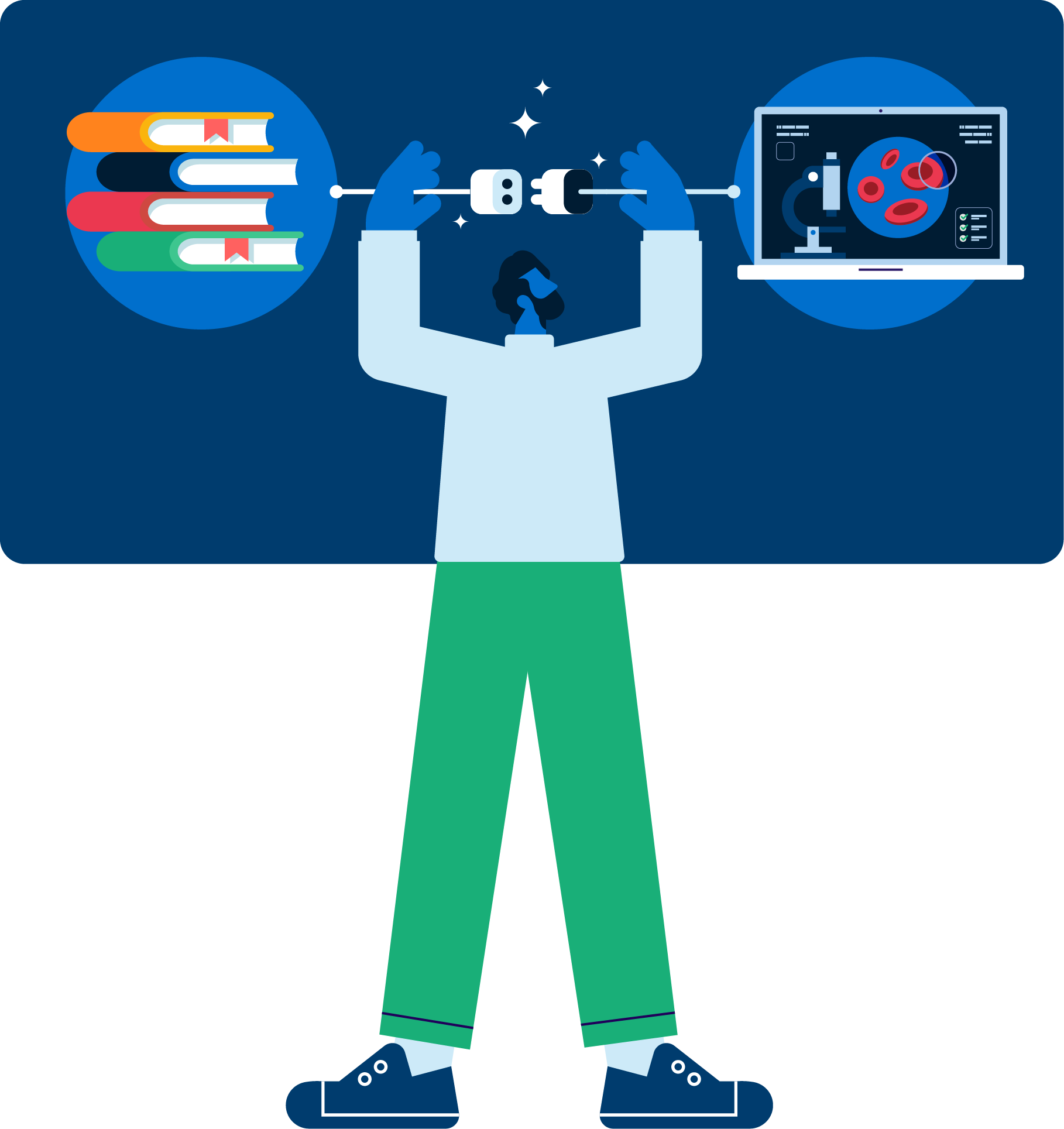 Illustration of teacher connecting books and virtual labs