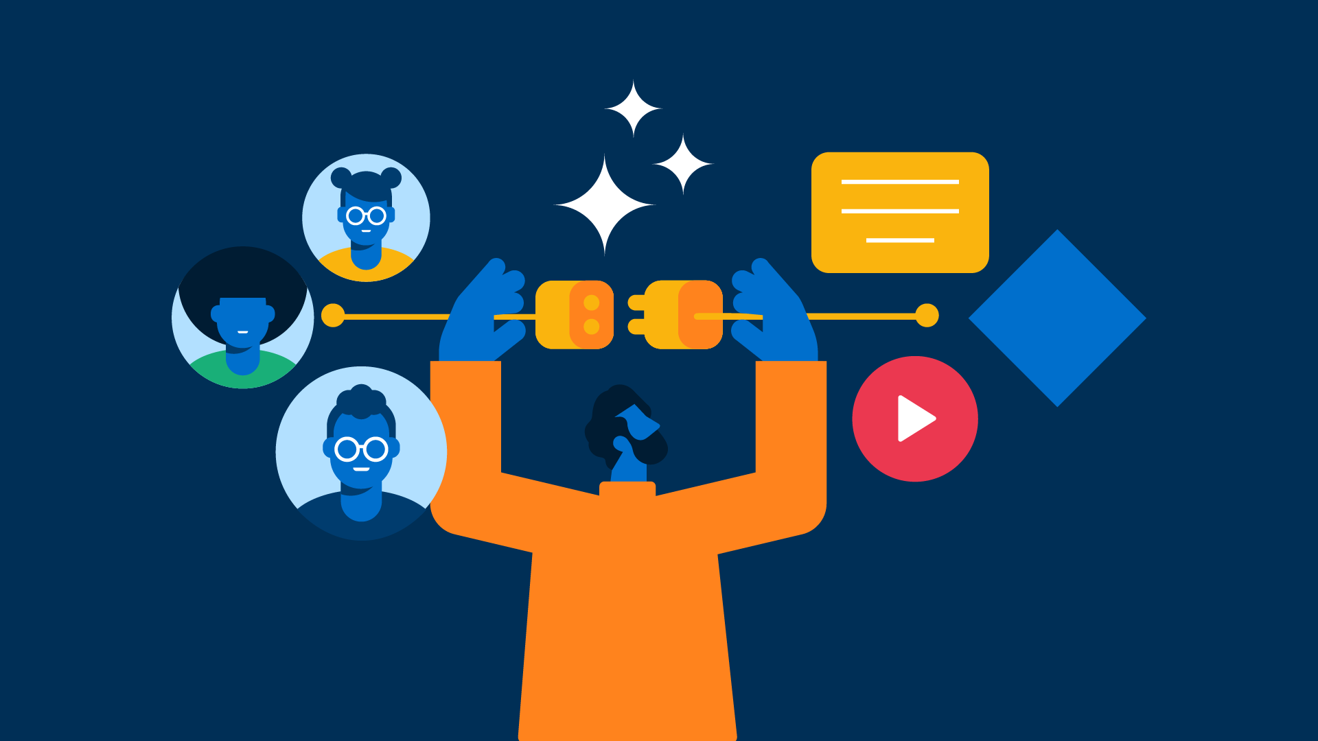 Illustration of a character connecting students with online learning icons