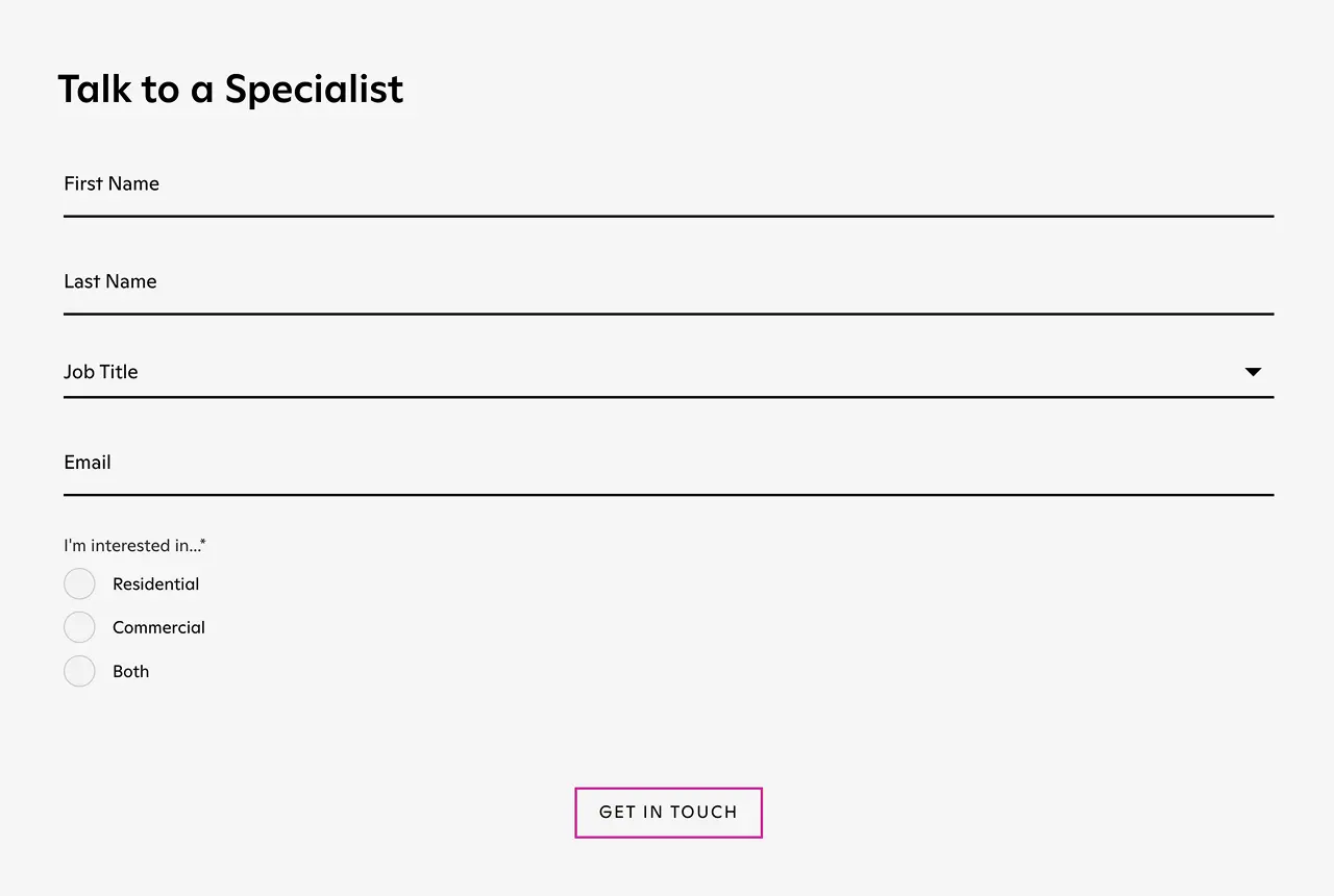Simplified form with name, job title, and interest checkboxes, styled differently from other forms