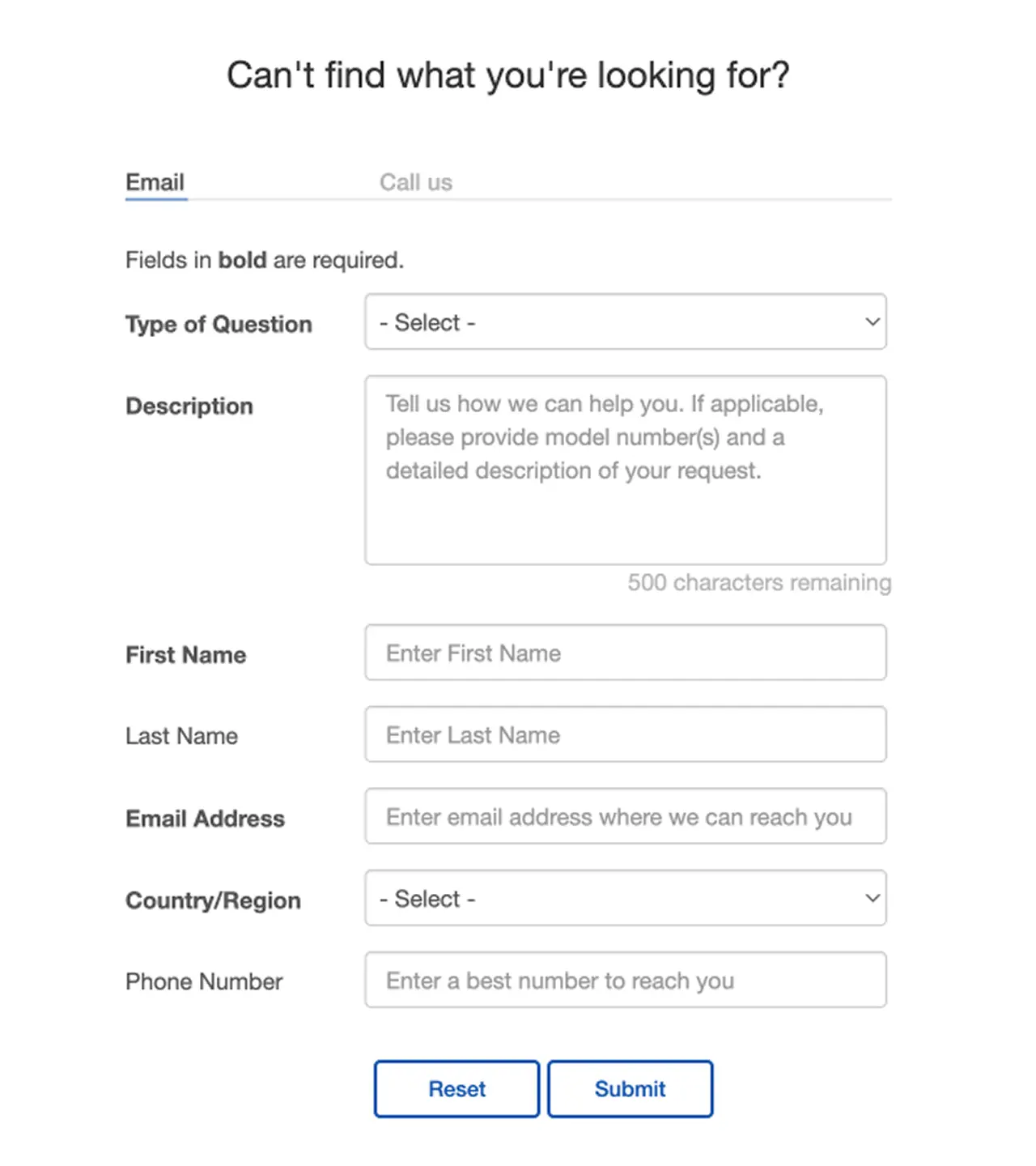 Lutron customer support form with bold labels and blue buttons, inconsistent with other site forms
