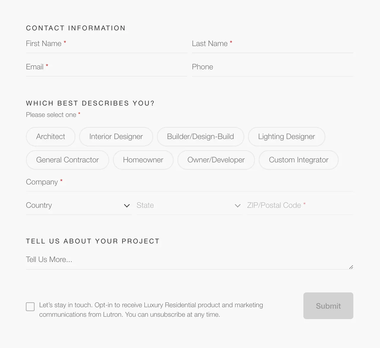 Detailed contact form with profession options and company details, using different input styling
