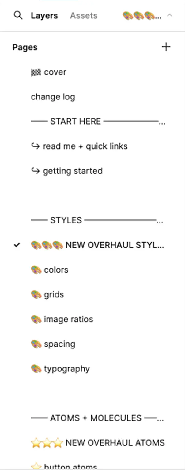 Figma page structure for Lutron design system with styles, grids, typography, and components