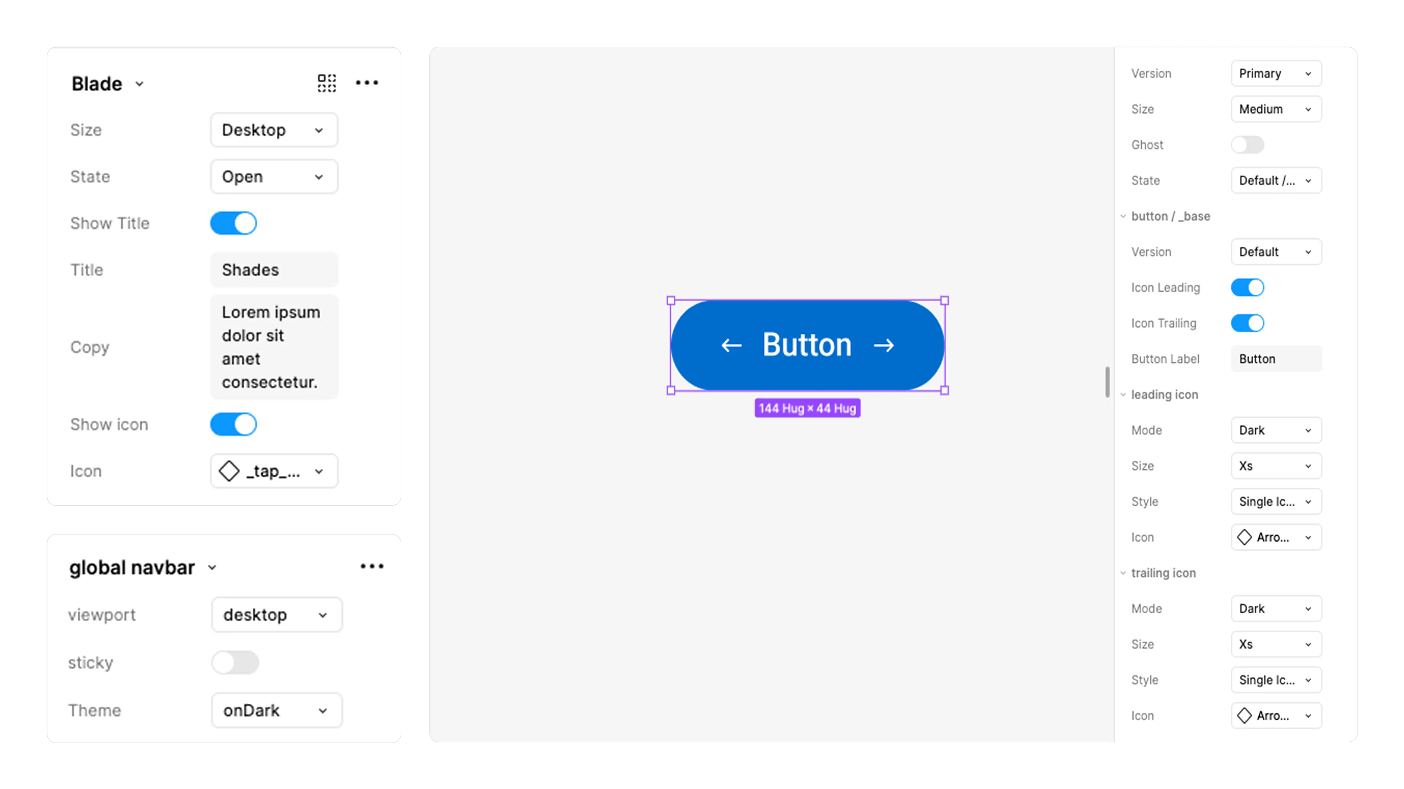 Component configuration panels in Lutron design system within Figma, showing editable properties for button, blade, and global navigation components