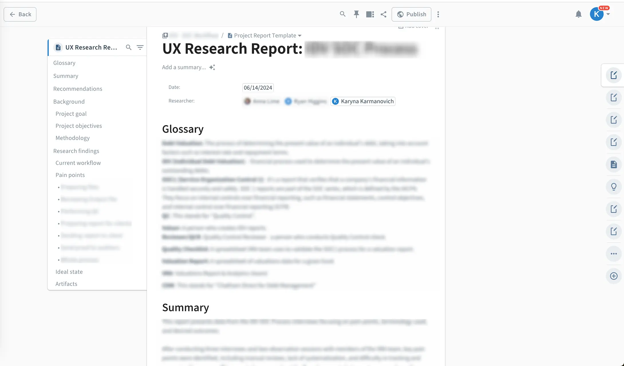 Condens app interface showing UX research report