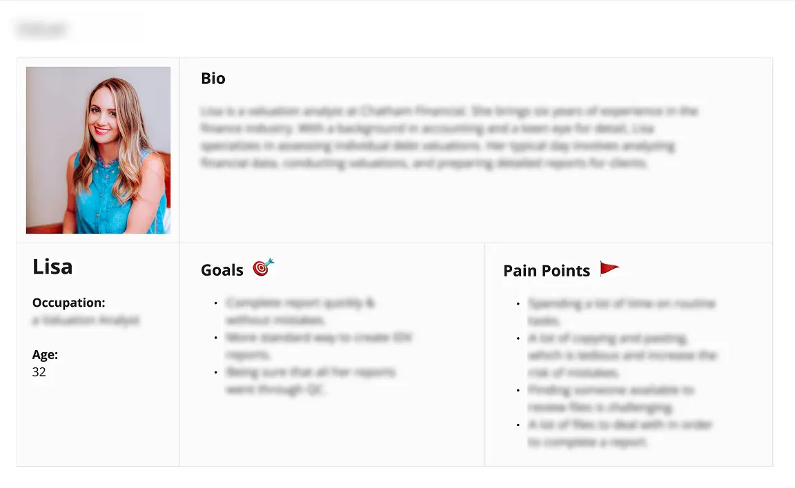 Primary user persona document blurred for confidentiality, representing core audience needs