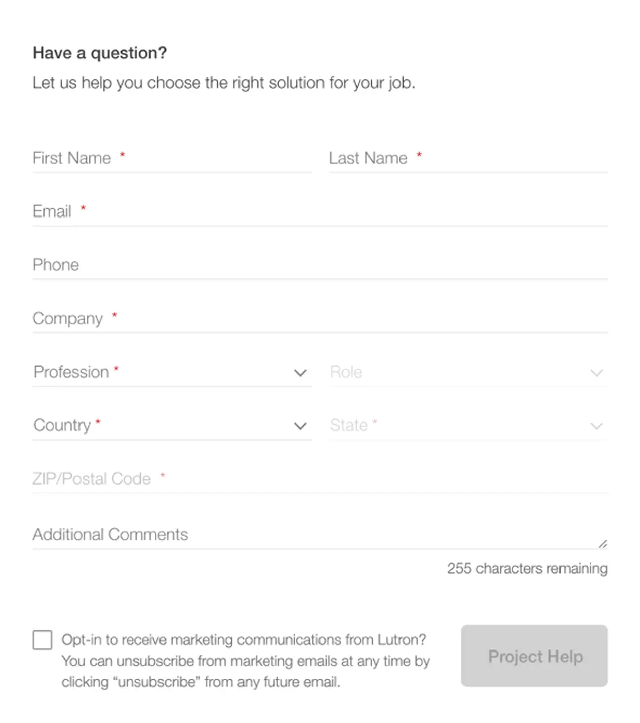Project help form with multiple required fields, inconsistent spacing and button style