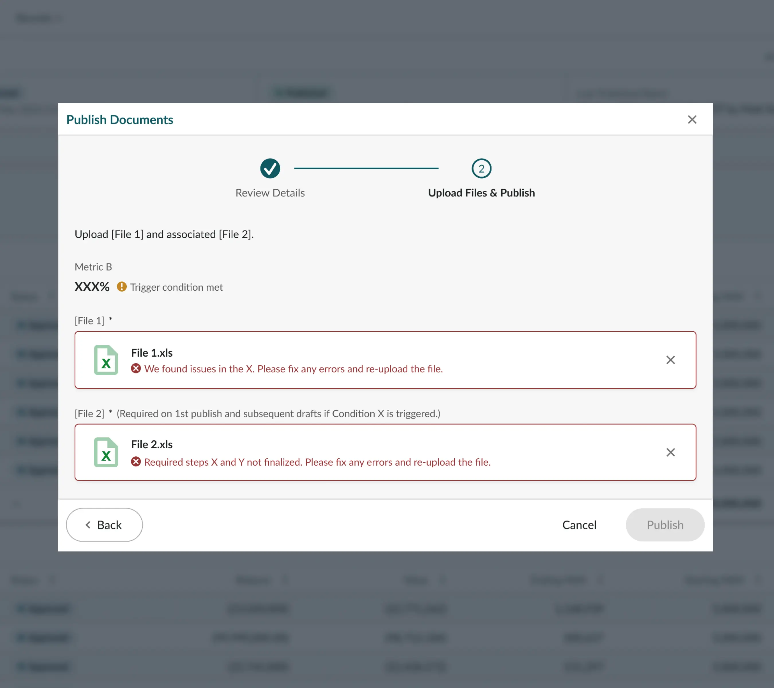 Document upload validation screen checking required files and flagging errors