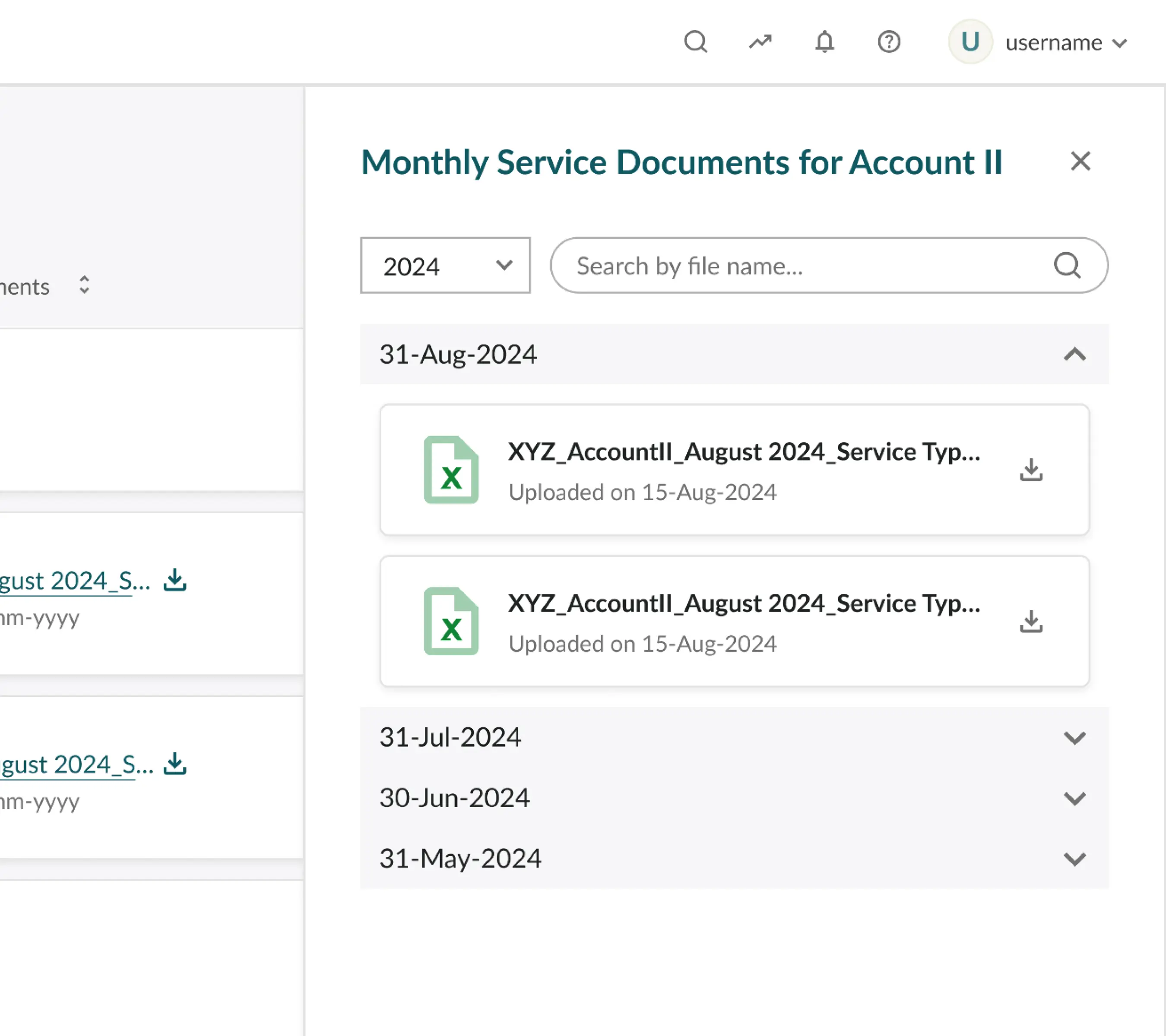 Account repository view showing linked files and upload dates