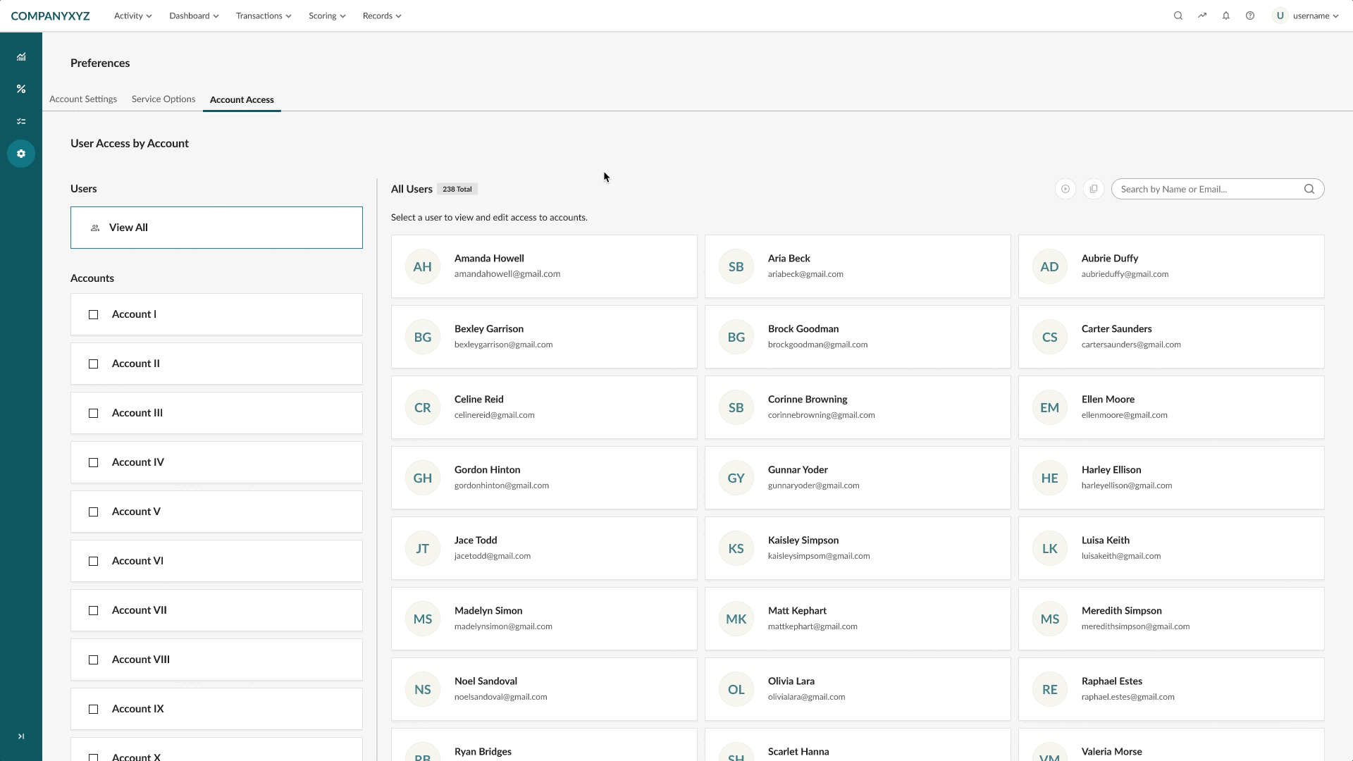 Animated demonstration of profile view displaying all accounts associated with a user and available access controls