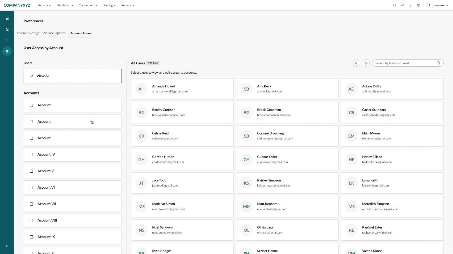 Interface for editing a single account's settings