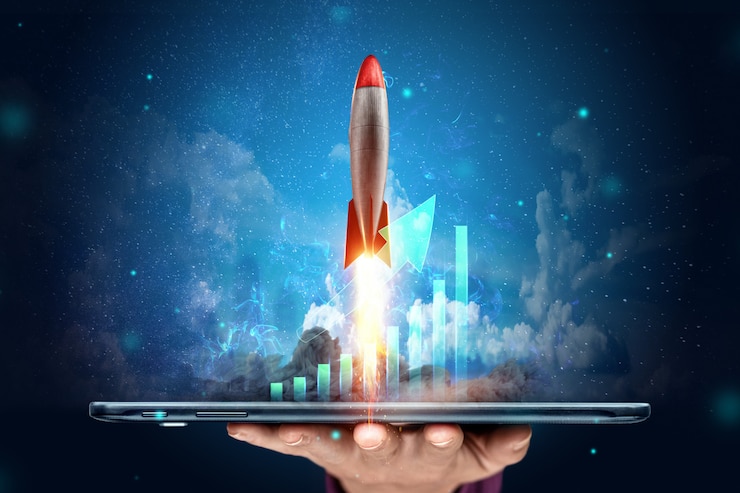 the rocket taking off on the background image of the development strategy charts, business concept, new technologies. Copy space.