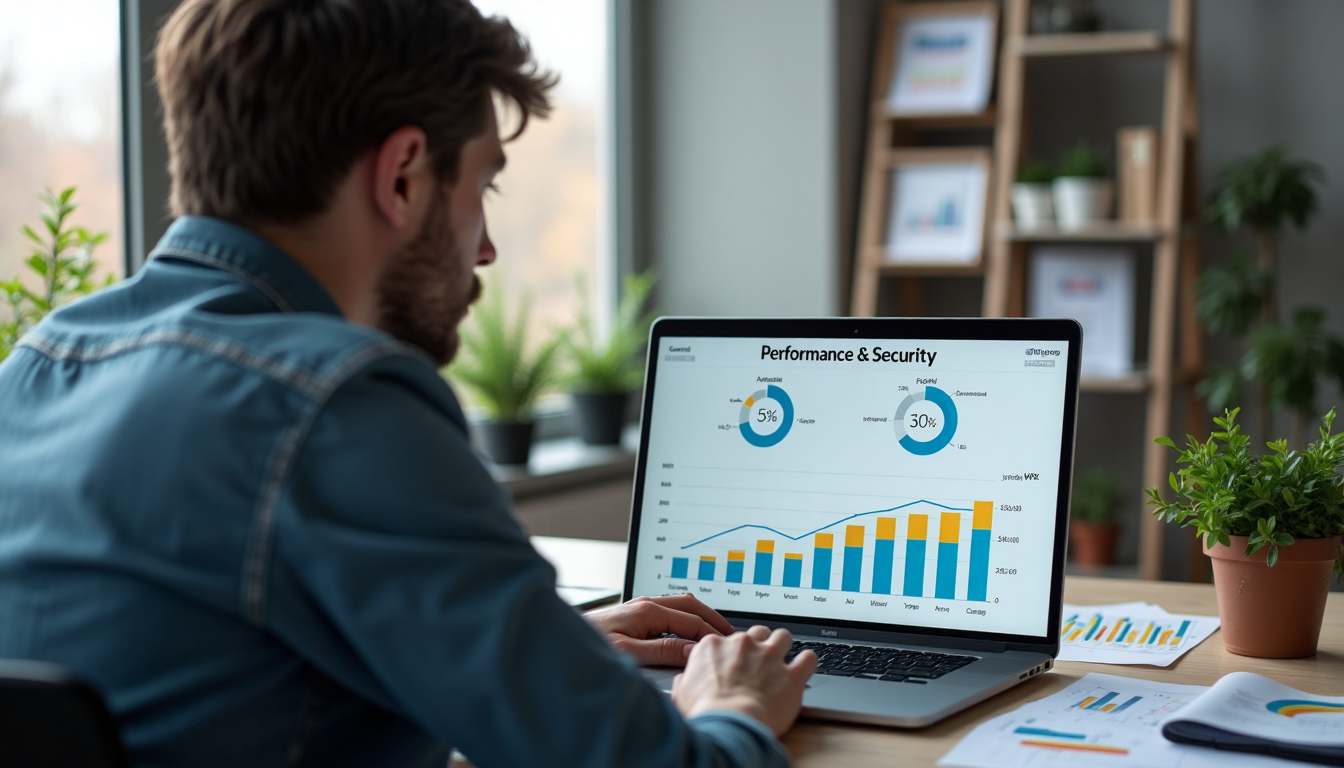 IT specialist comparing hosting plans and security performance charts
