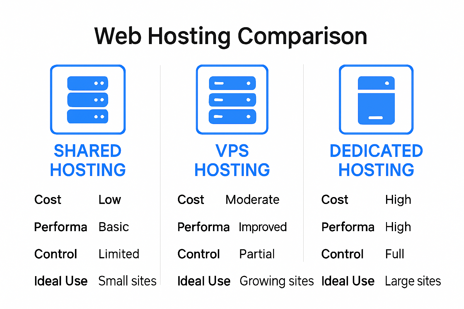 Comparison of shared, VPS, and dedicated hosting options