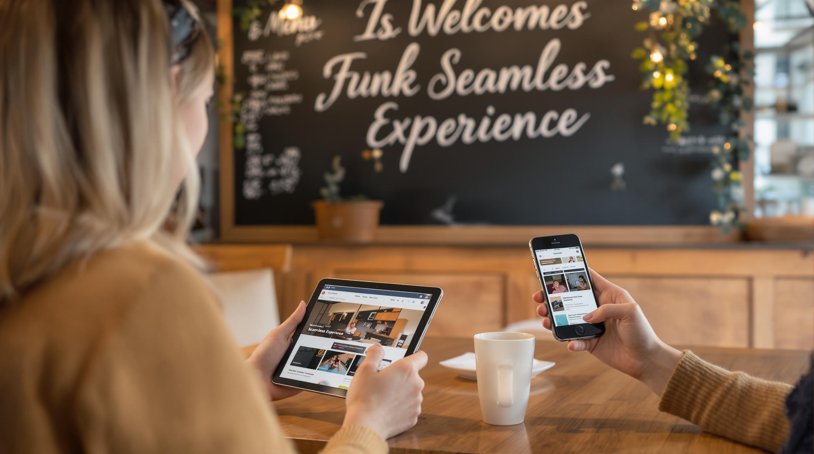 Two friends in a cafe using a tablet and smartphone to browse an intuitive, mobile-optimized website with seamless design.