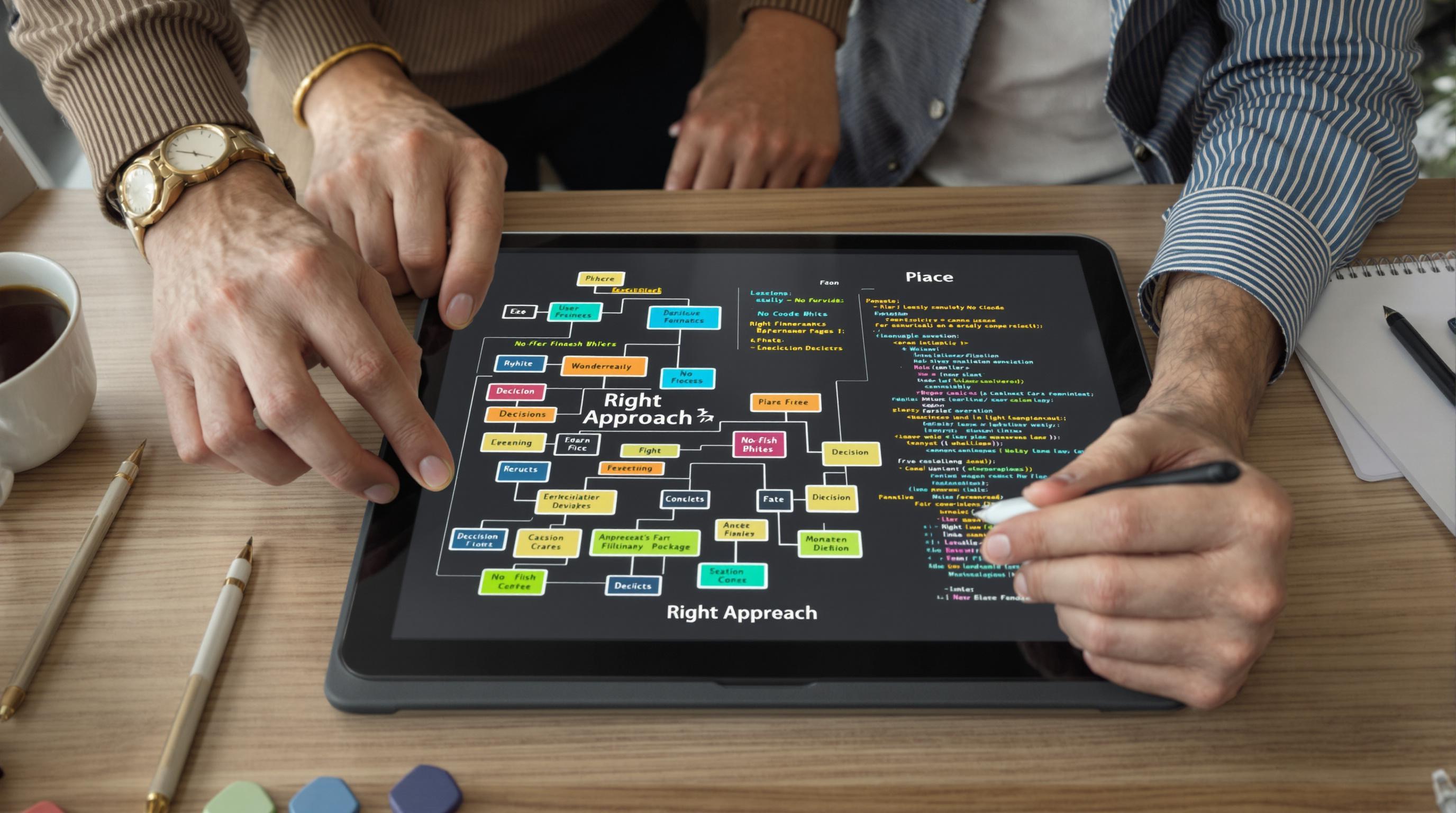 Professionals comparing no-code simplicity to custom coding complexity on tablet