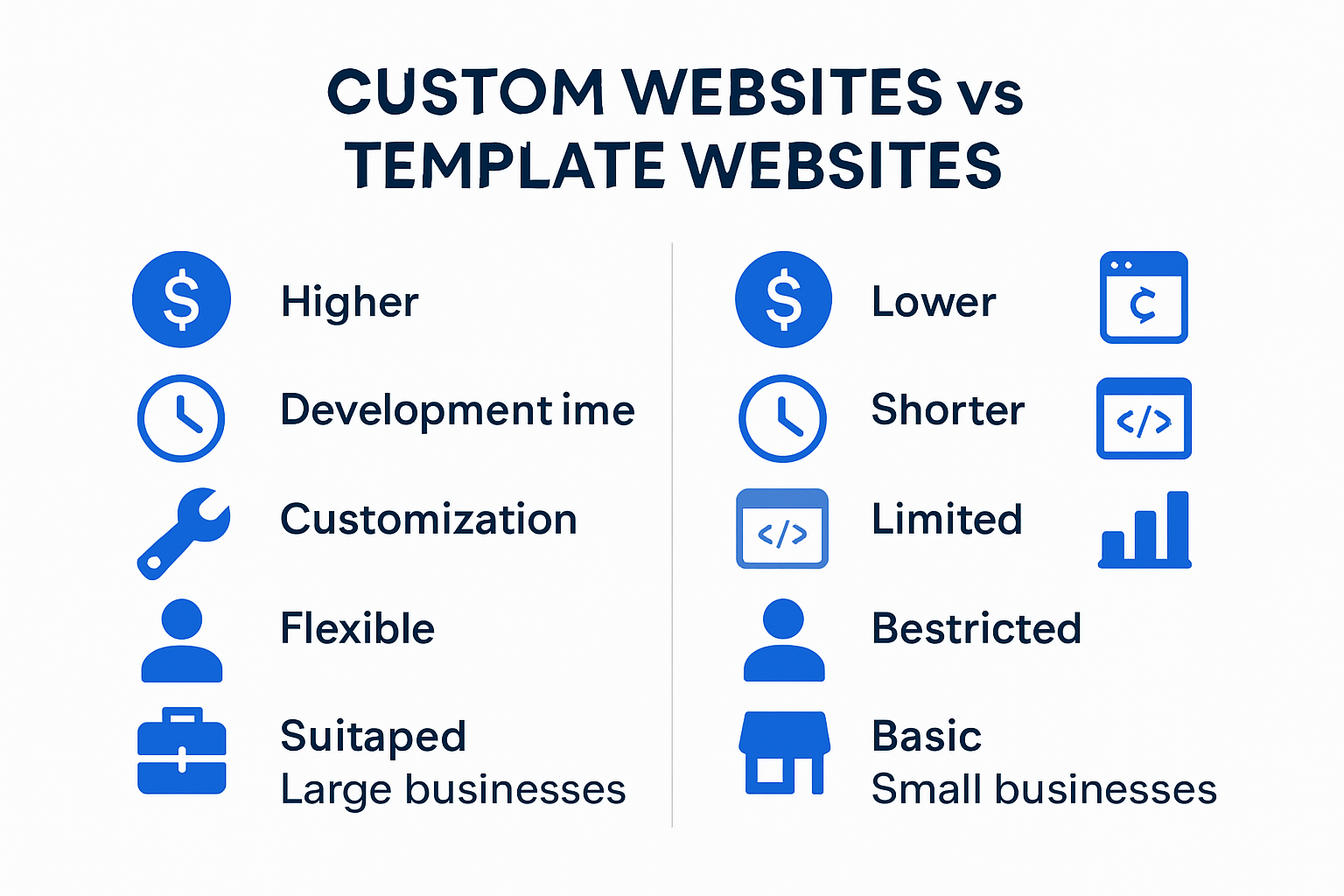 Custom vs template websites infographic side-by-side comparison