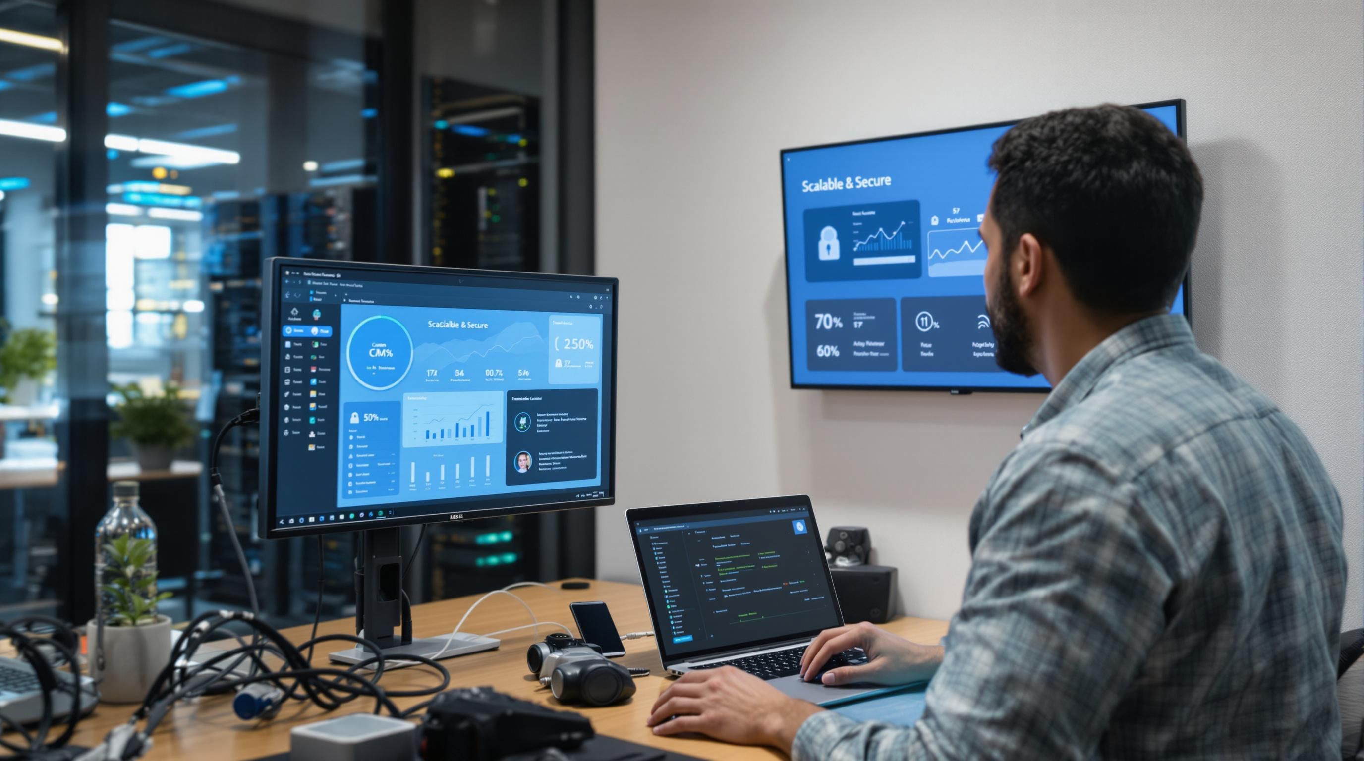 IT professionals manage scalable secure servers, dashboard labeled 'Scalable & Secure'