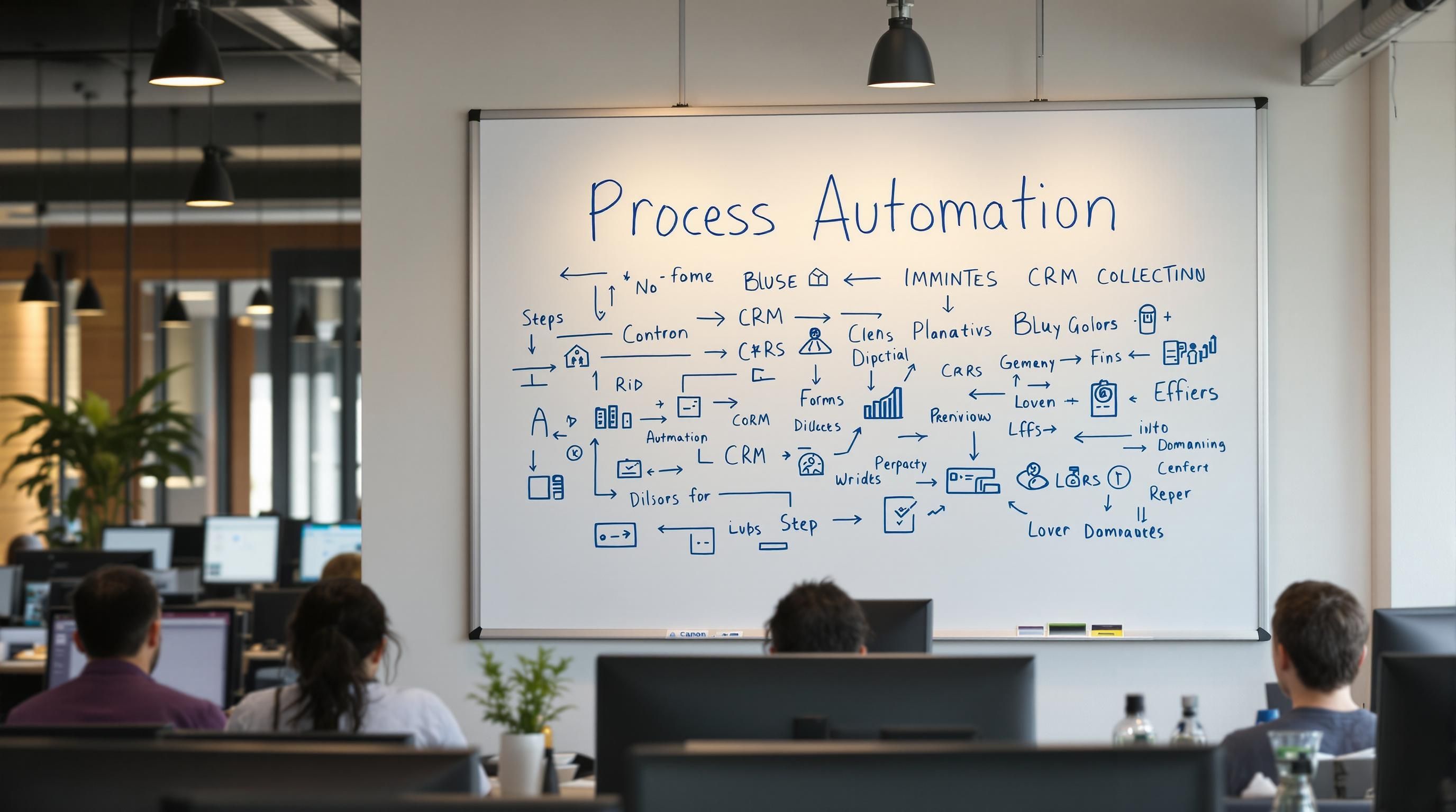 Office team working on process automation with 'Process Automation' on whiteboard