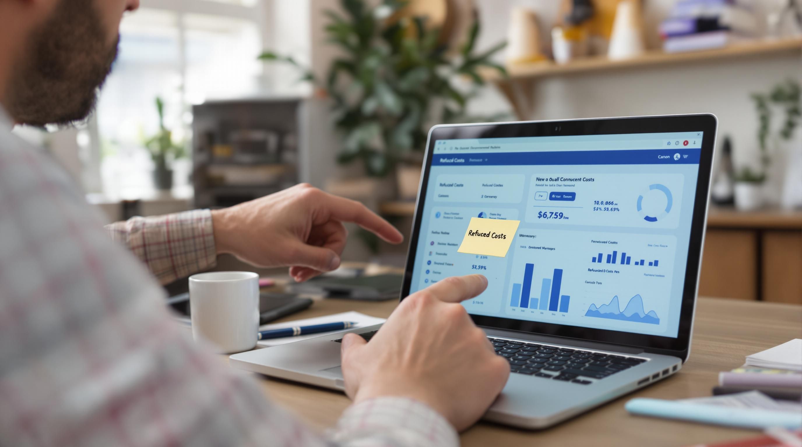Manager and employee examine no-code cost savings dashboard with 'Reduced Costs' note visible