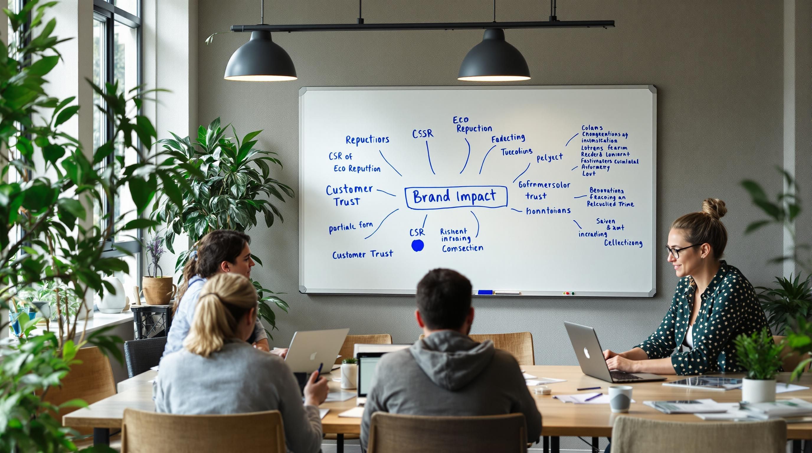 Marketing team discusses green hosting brand impact with eco-focused workspace