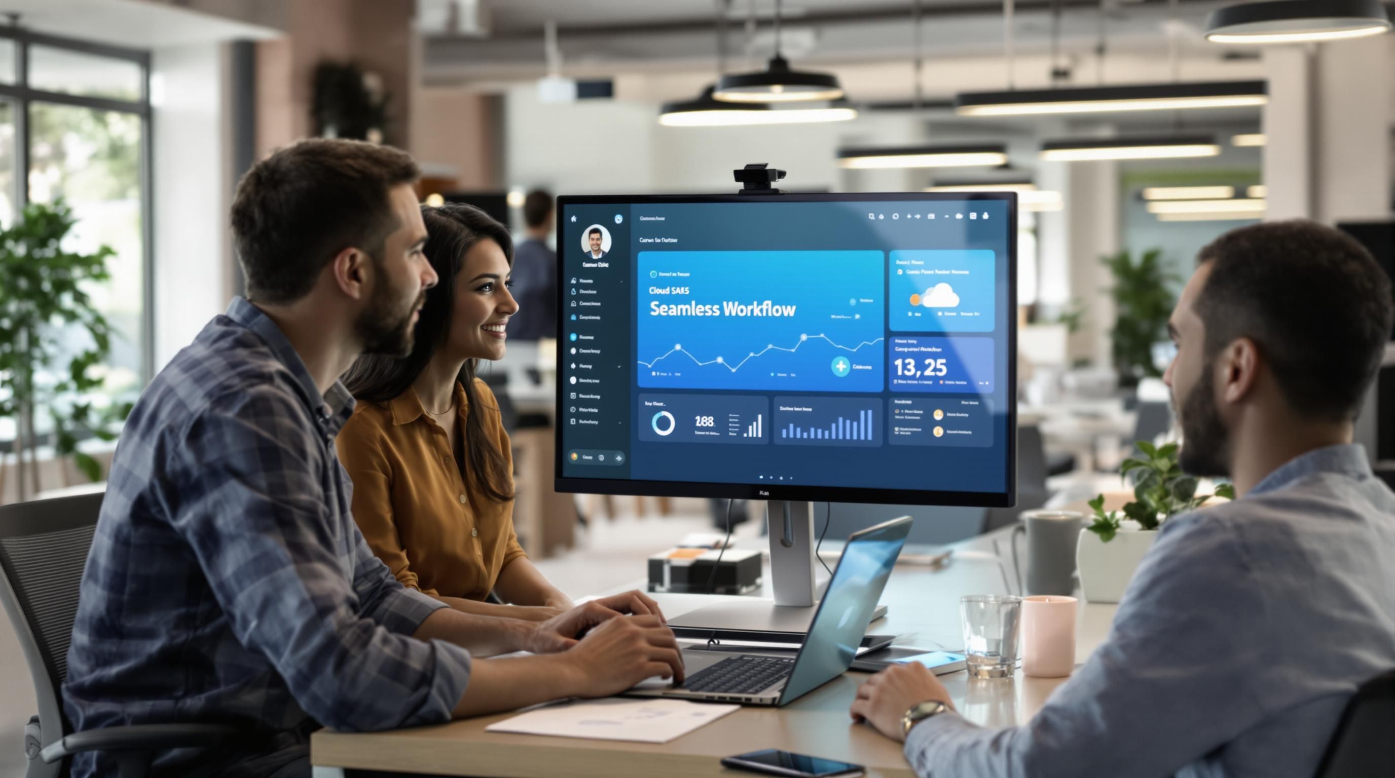 Marketing team collaborates on SaaS dashboard in office