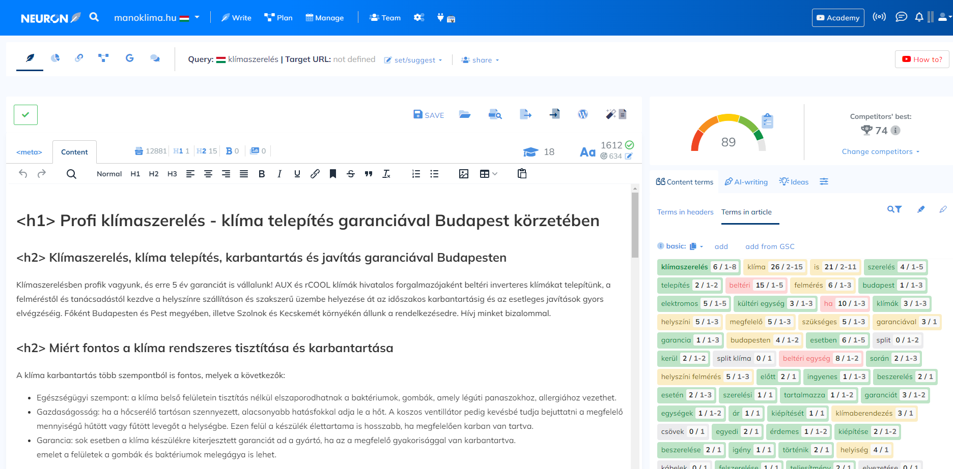 SEO content writing in neuronwriter by travlrd