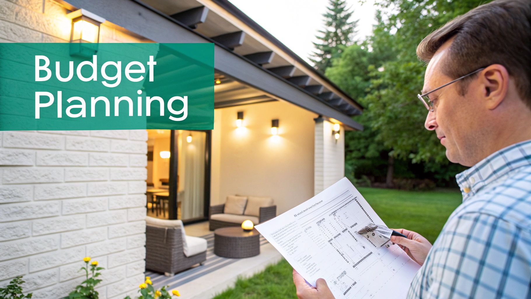 A homeowner reviewing a landscape lighting plan with a contractor in their yard.