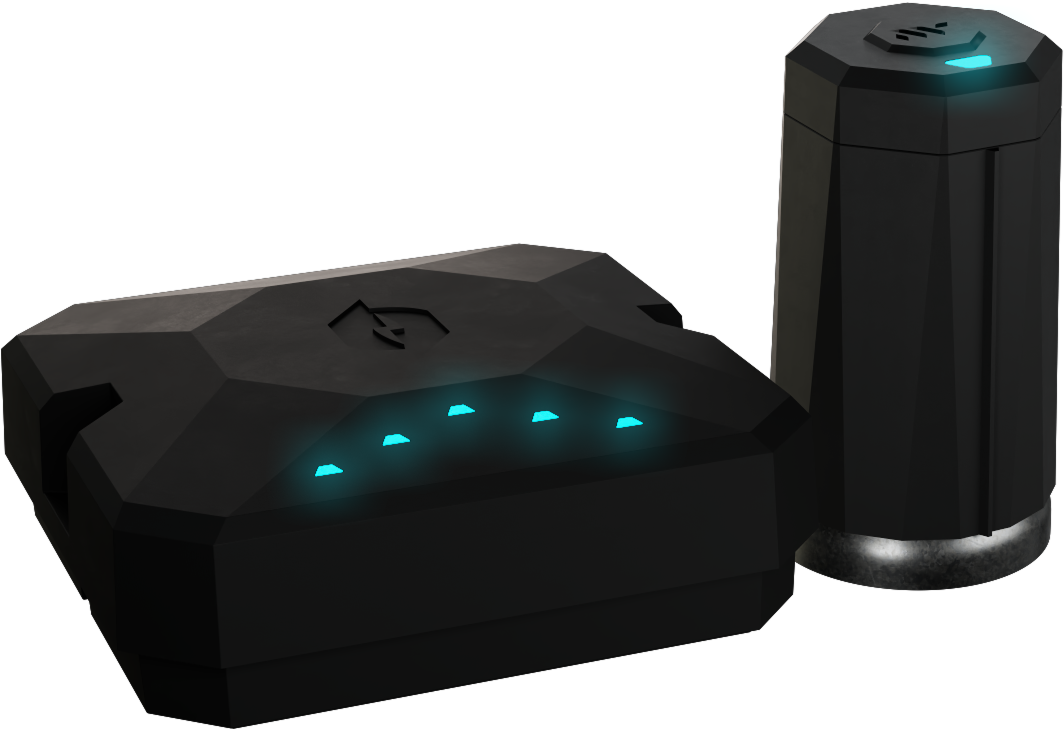 Black AssetWatch Vero sensor system with a square base unit displaying indicator lights and a separate cylindrical sensor device labeled Vero.