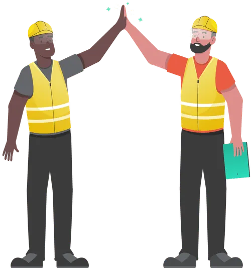 Two construction workers wearing yellow hard hats and reflective vests giving each other a high five, one holding a clipboard.