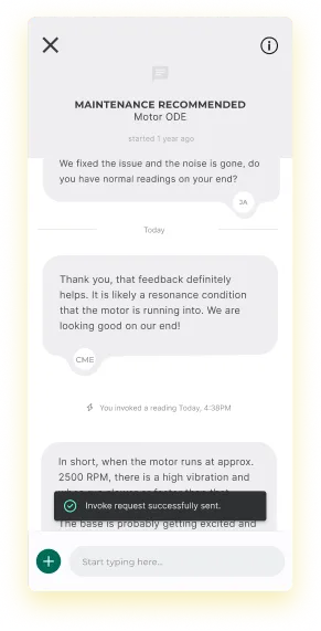 Mobile chat interface showing a maintenance recommendation conversation about motor noise and vibration at 2500 RPM, with a message stating a request was successfully sent.