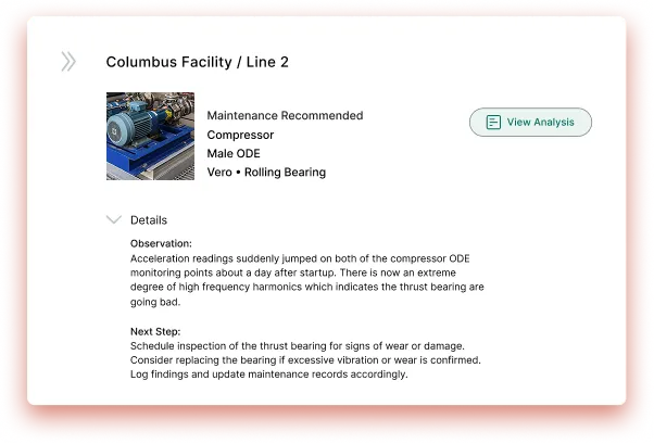 Maintenance report for Columbus Facility Line 2 compressor showing a photo of the compressor and recommendations to inspect and possibly replace the thrust bearing due to abnormal acceleration readings.