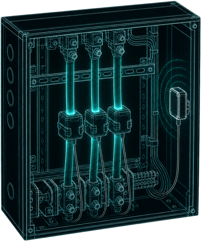 Wireframe illustration of an electrical panel with three CT clamps on the phase conductors and a wireless sensor mounted inside.