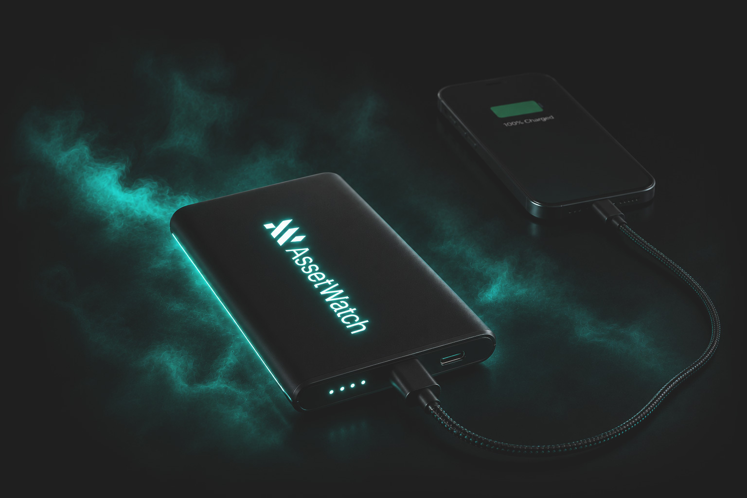 Black portable power bank with glowing turquoise AssetWatch logo charging a smartphone showing 100% charged, connected by a braided cable on a dark surface with glowing turquoise light effects.