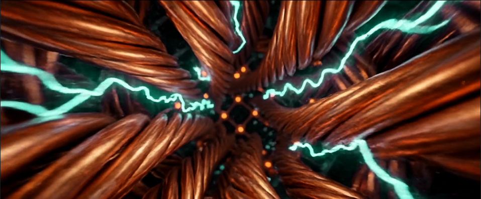 Close-up view inside a bundle of thick copper wires with glowing blue electrical sparks arcing between them.