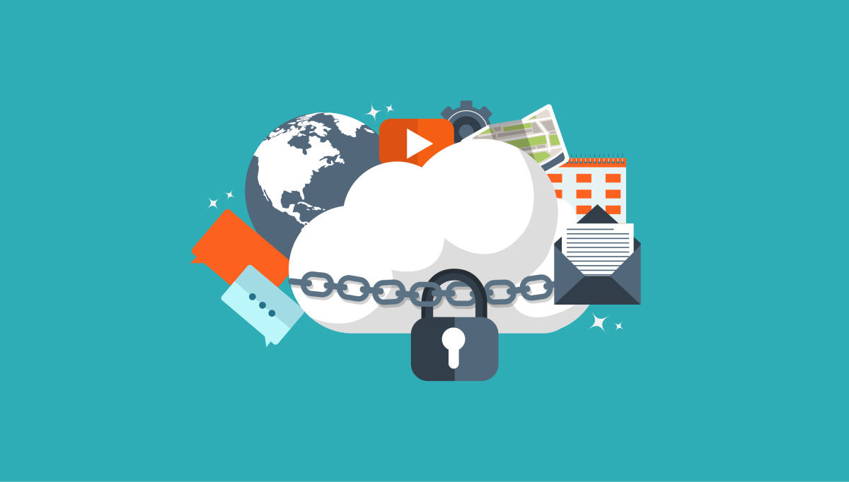 Cloud wrapped in a chain and padlock with globe, video, map, and envelope icons