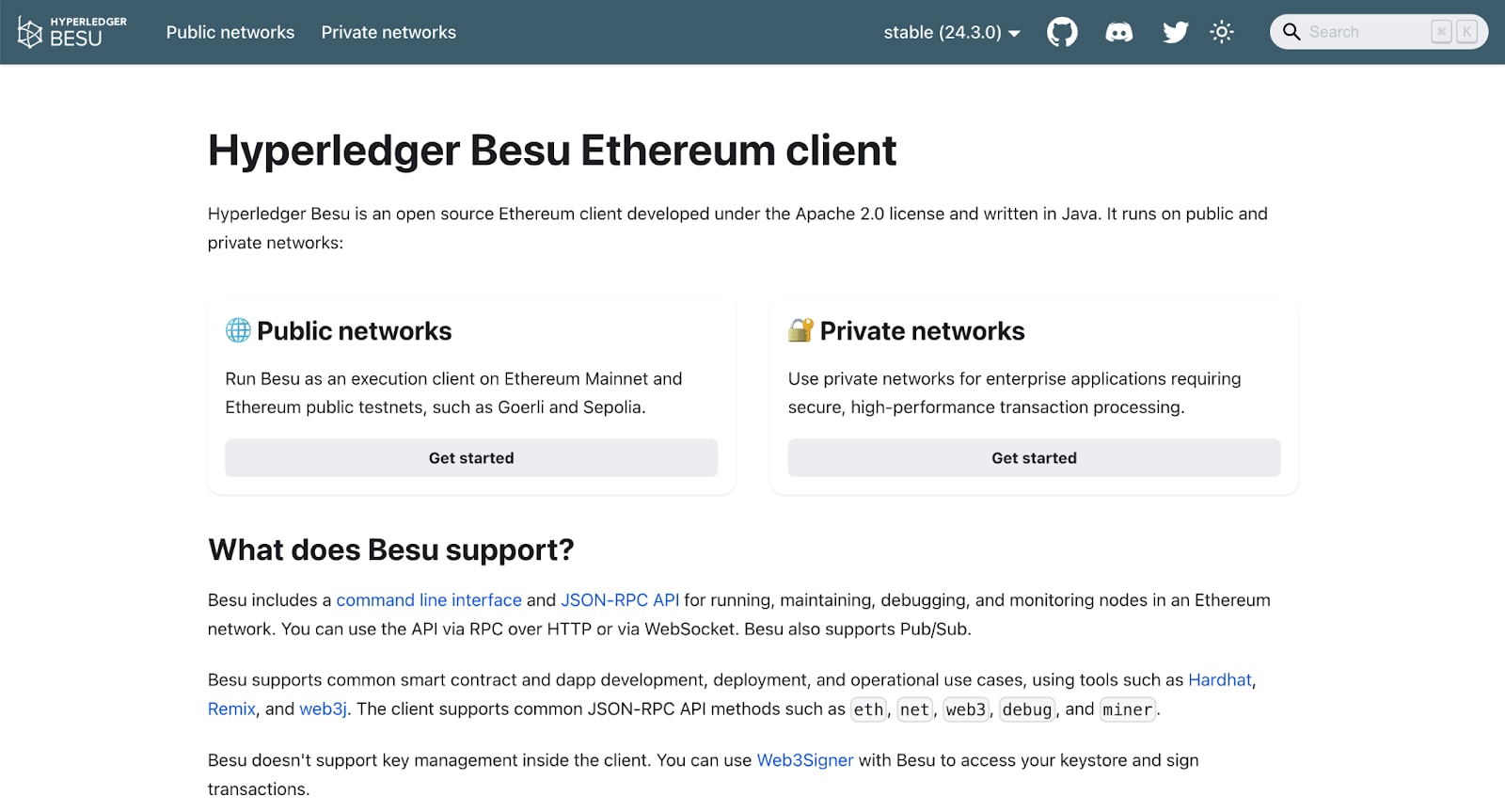 Hyperledger Besu Ethereum client docs with Public networks and Private networks Get started cards