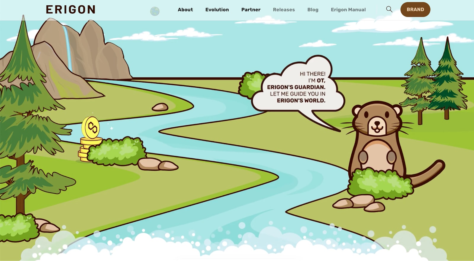 Erigon site cartoon of otter OT by a river saying Hi there I'm OT, Erigon's guardian
