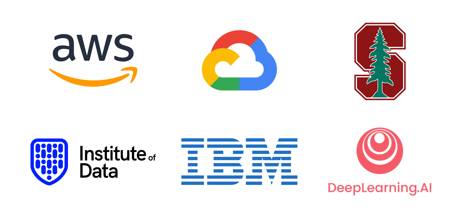 Logos of AWS, Google Cloud, Stanford, Institute of Data, IBM, and DeepLearning.AI