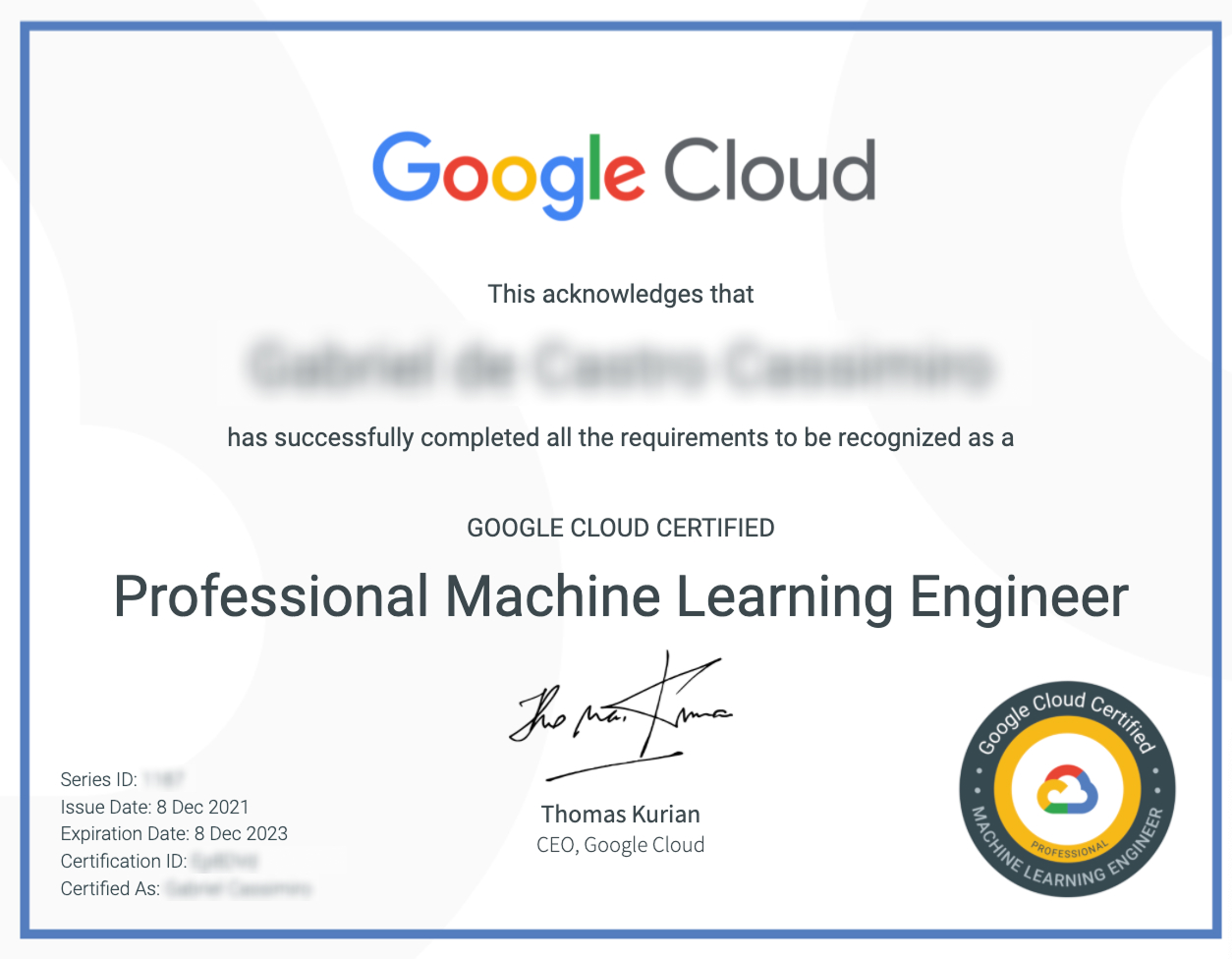 Google Cloud certificate for Professional Machine Learning Engineer, recipient name blurred